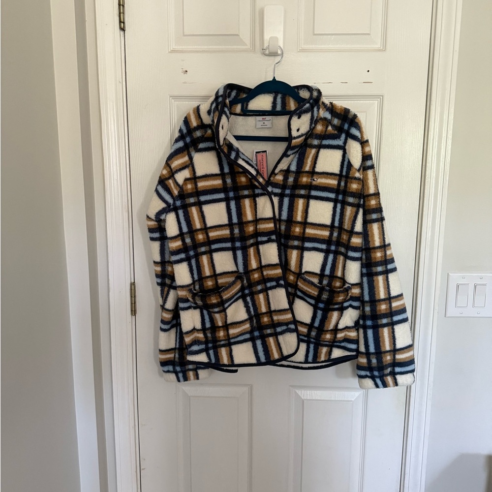Vineyard Vines Cozy Fuzzy Plaid Sherpa Jacket Marshmallow XL NWT